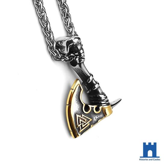 Viking axe pendant necklace in gold-tone 316L stainless steel with Valknut symbol etched into the blade, on a 60cm chain