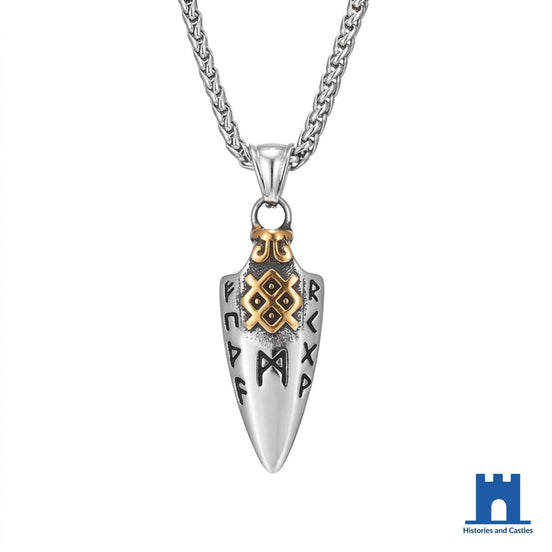 Gungnir Valknut pendant necklace in antique darkened stainless steel with Norse rune engravings, on a 60cm steel chain