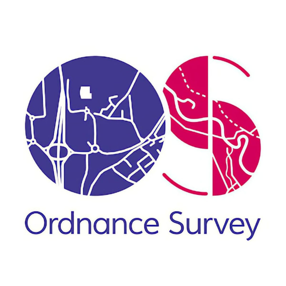 Ordnance Survey logo with blue and red circular designs on a white background