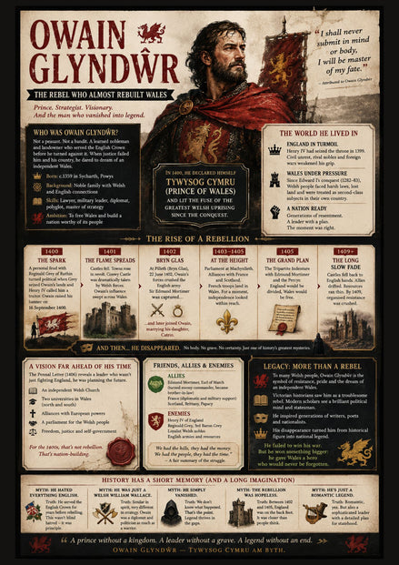 Owain Glyndŵr infographic cover, a free digital download charting the 1400 to 1415 Welsh rebellion, by Histories and Castles
