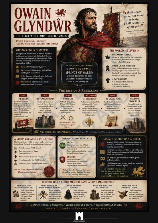 Owain Glyndŵr infographic cover, a free digital download charting the 1400 to 1415 Welsh rebellion, by Histories and Castles