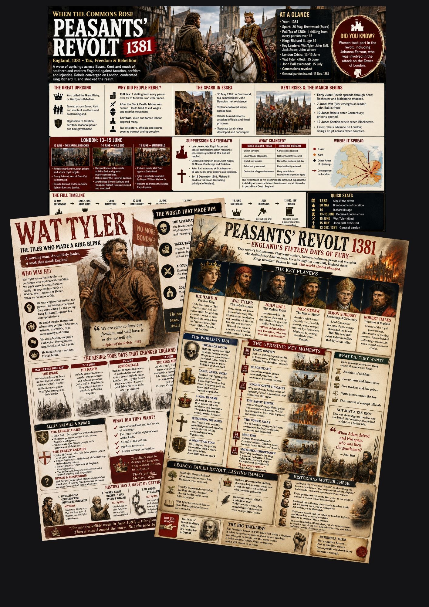 Three overlapping educational posters about the Peasants' Revolt 1381 and Wat Tyler, arranged on a dark background. The posters feature historical illustrations, text panels, timelines, and maps in a sepia and red color scheme.