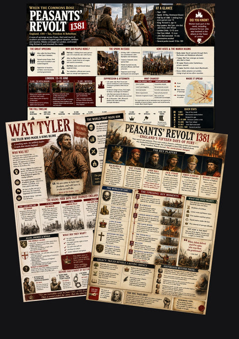 Three overlapping educational posters about the Peasants' Revolt 1381 and Wat Tyler, arranged on a dark background. The posters feature historical illustrations, text panels, timelines, and maps in a sepia and red color scheme.
