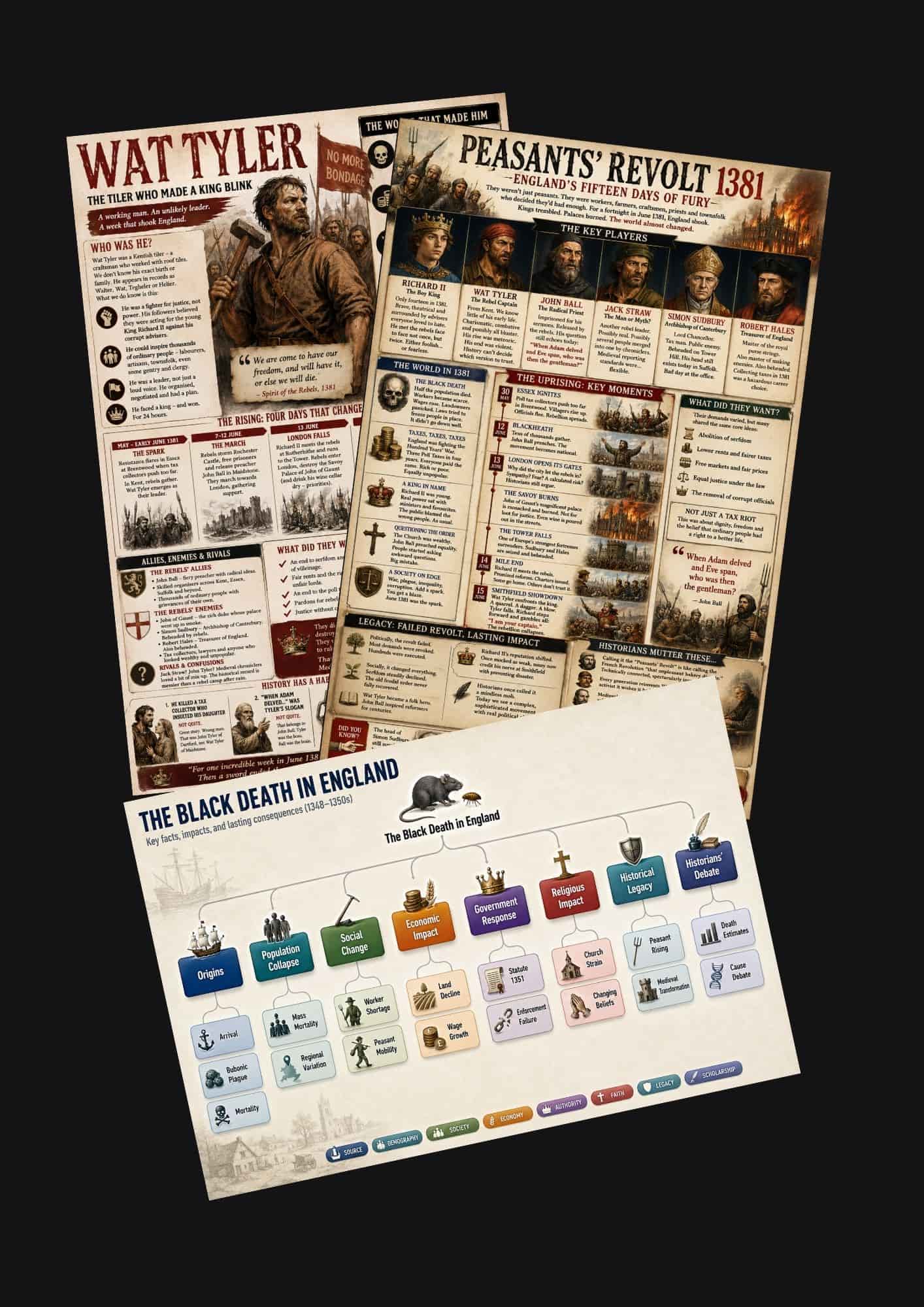 Three educational infographic posters about English historical events are arranged overlapping on a black background. The posters feature vintage-style illustrations, text blocks, and color-coded sections in red, blue, green, orange, and purple.