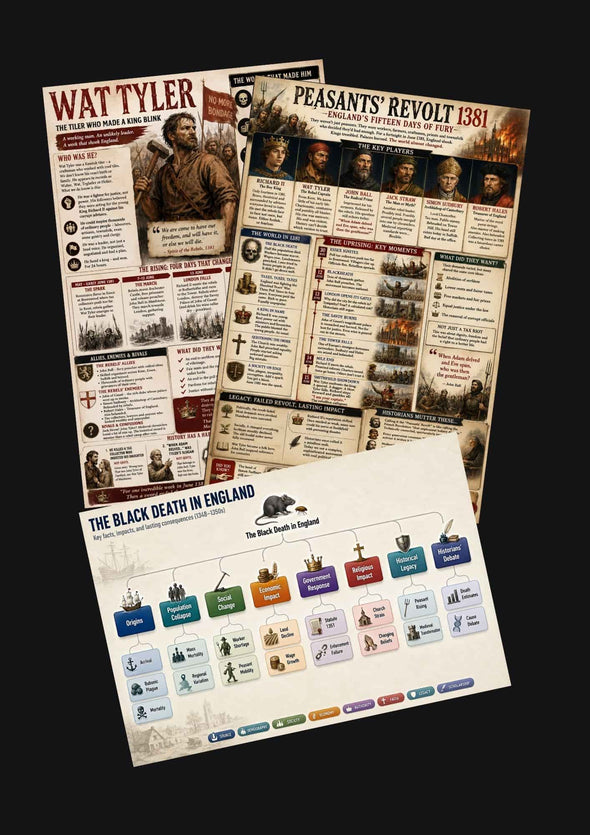 Three educational infographic posters about English historical events are arranged overlapping on a black background. The posters feature vintage-style illustrations, text blocks, and color-coded sections in red, blue, green, orange, and purple.