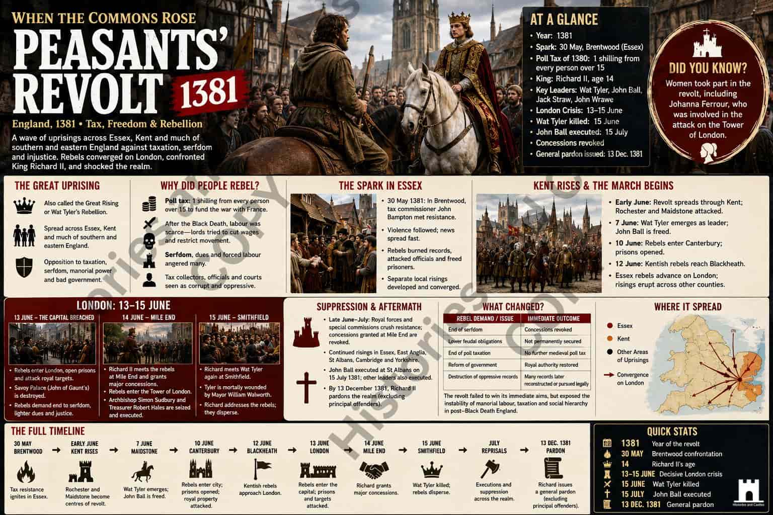 An educational infographic poster titled 'PEASANTS' REVOLT 1381' by When the Commons Rose, featuring historical illustrations, timelines, cause analysis, battle details, and a map of England.