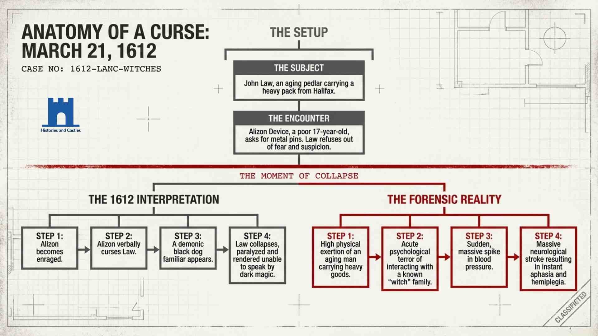 Diagram titled 'Anatomy of a Curse' with text and labels on a white background on Pendle Witches Trail