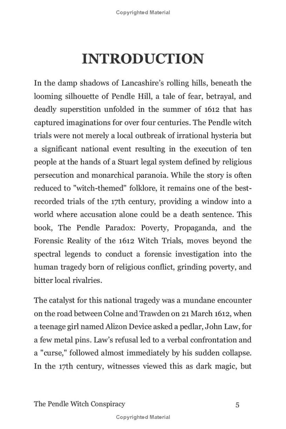 A scanned book page with the heading INTRODUCTION and paragraphs of black serif text on a white page, with 'The Pendle Witch Conspiracy' and page number 5 at the bottom.