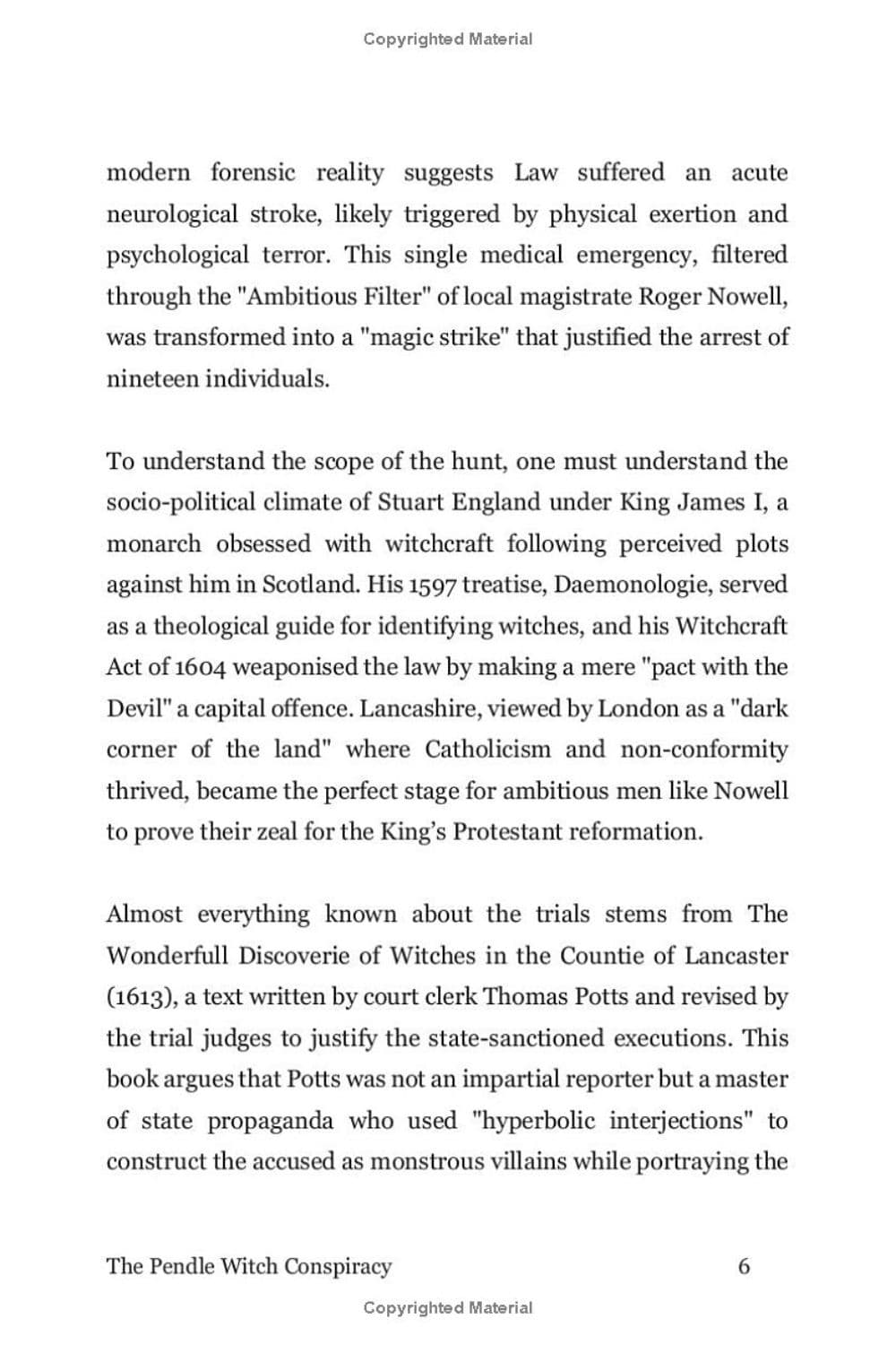 A scanned book page with black serif text on a white page, discussing the Pendle Witch Conspiracy and historical witch hunts. The page includes 'Copyrighted Material' watermarks at the top and bottom.