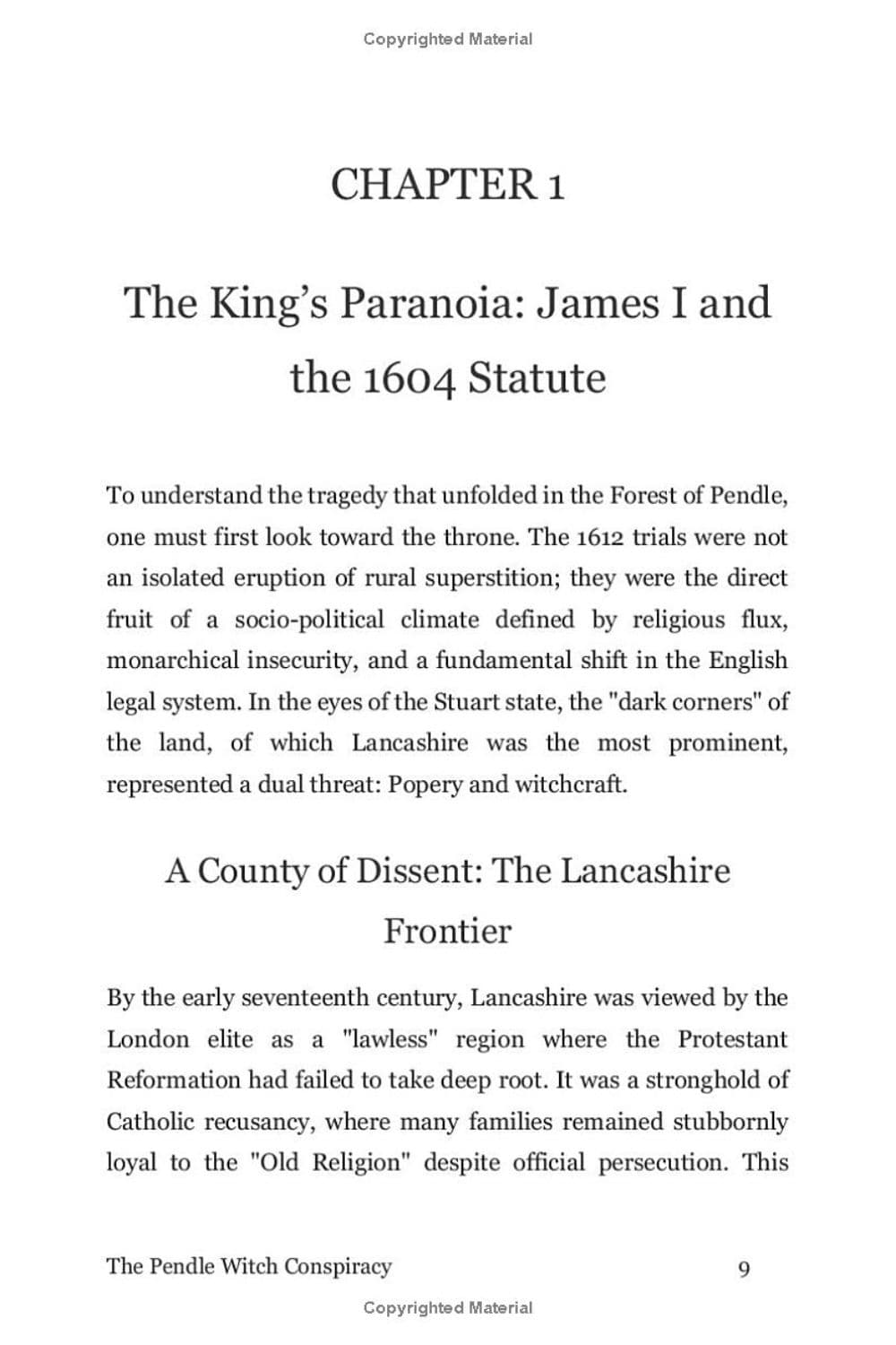 A scanned book page showing Chapter 1 titled 'The King's Paranoia: James I and the 1604 Statute' with black serif text on a white page, including body paragraphs, a section heading, and footer text 'The Pendle Witch Conspiracy' and 'Copyrighted Material'.