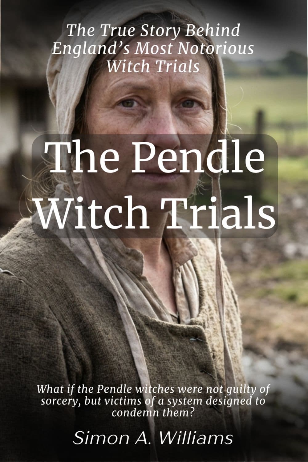 Book cover for 'The Pendle Witch Trials' by Simon A. Williams, featuring a portrait of a woman in historical clothing against an outdoor blurred background, with large white title text overlaid.