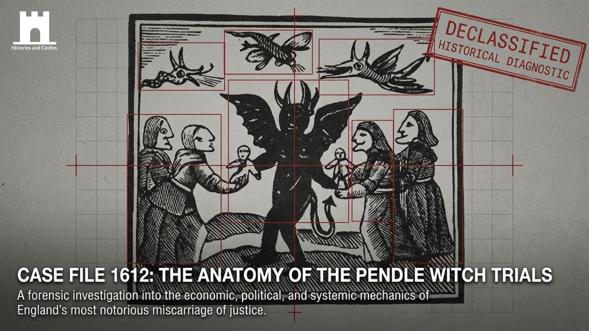 Illustration of the Pendle Witch Trials with text overlay on a grid background