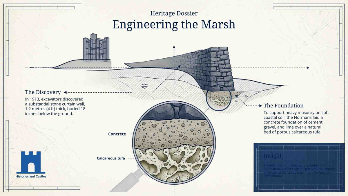 An Illustration showing how Prestatyn Castle was built on marsh ground