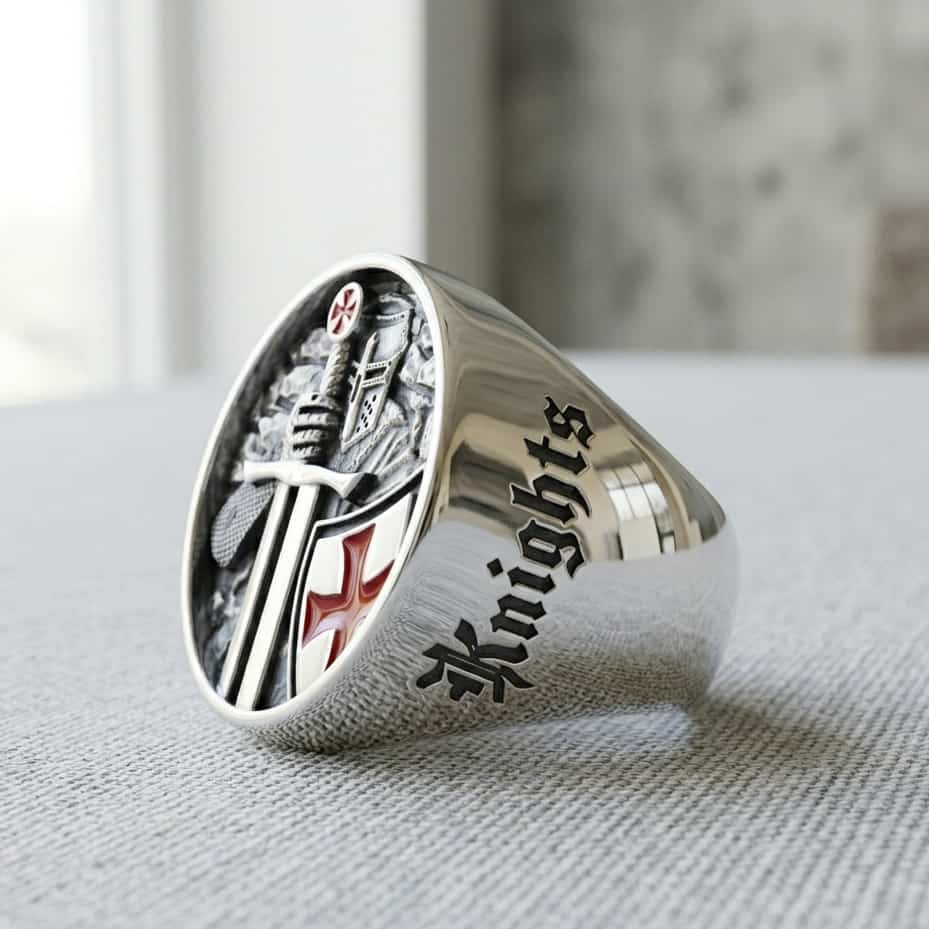 Silver ring with 'Knights' engraving on a textured surface