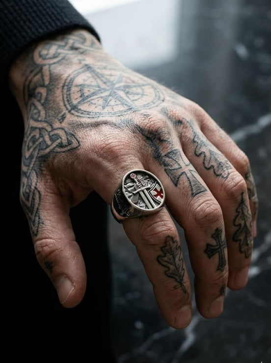 Hand with tattoos wearing a ring against a blurred background