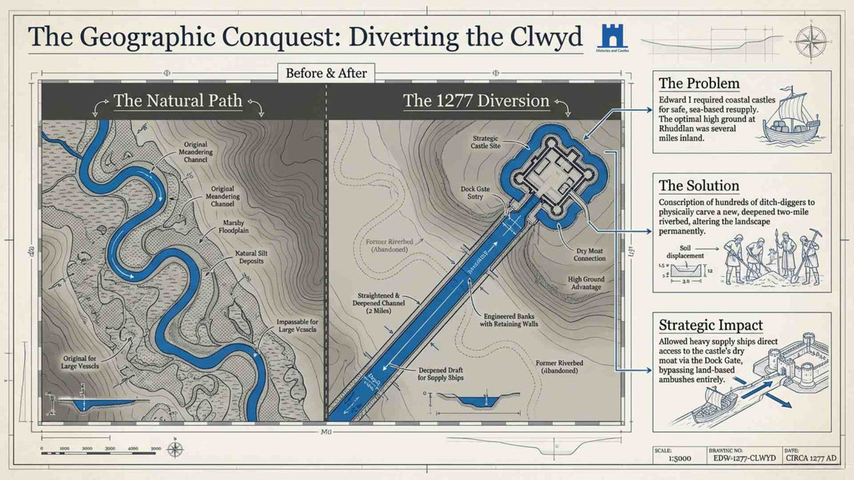 Map showing the diversion of the Clwyd river with before and after illustrations.