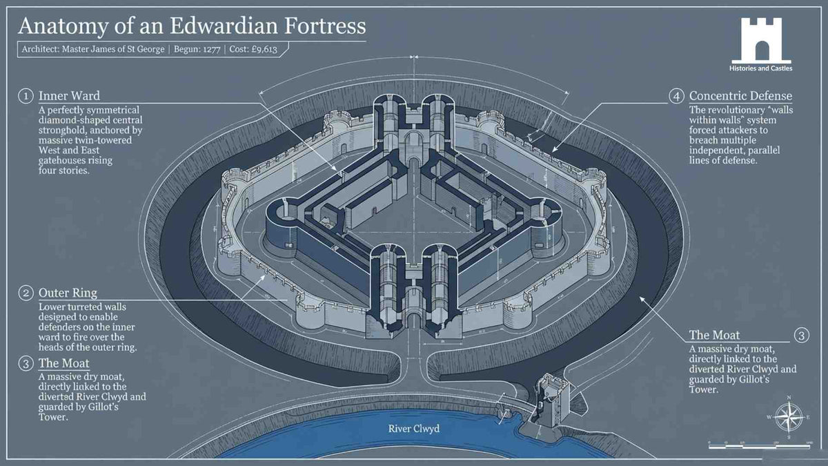 Diagram of an Edwardian fortress with labelled components on a grey background
