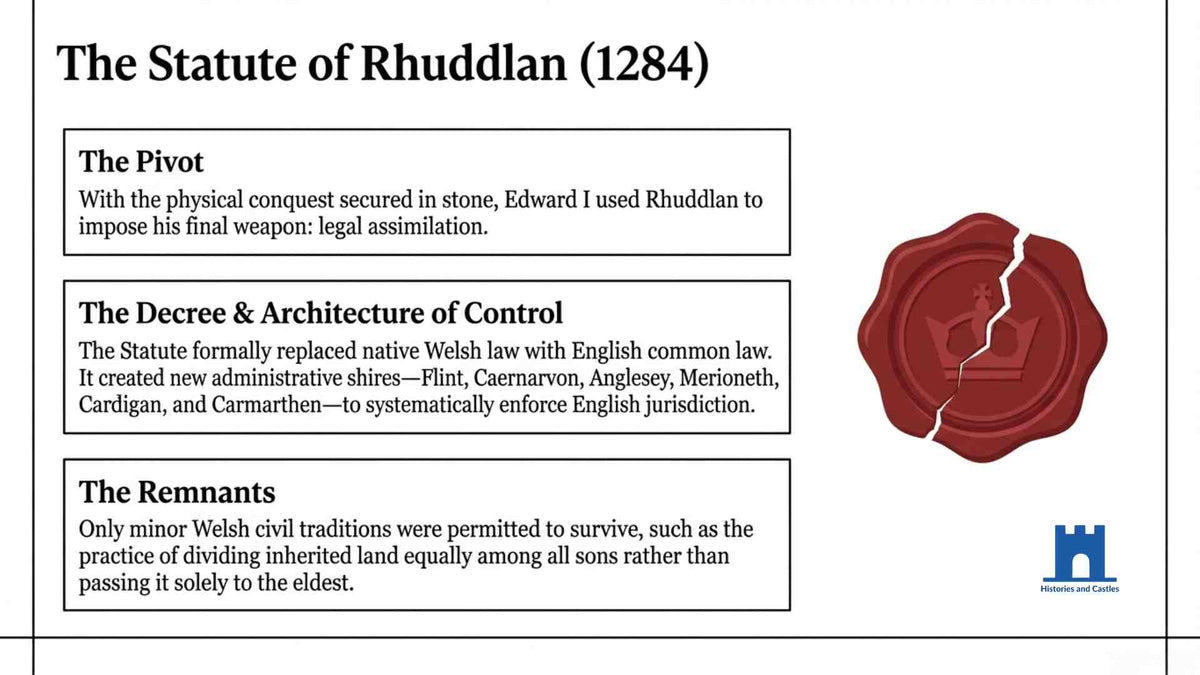 Informational graphic about The Statute of Rhuddlan with a red wax seal on a white background.