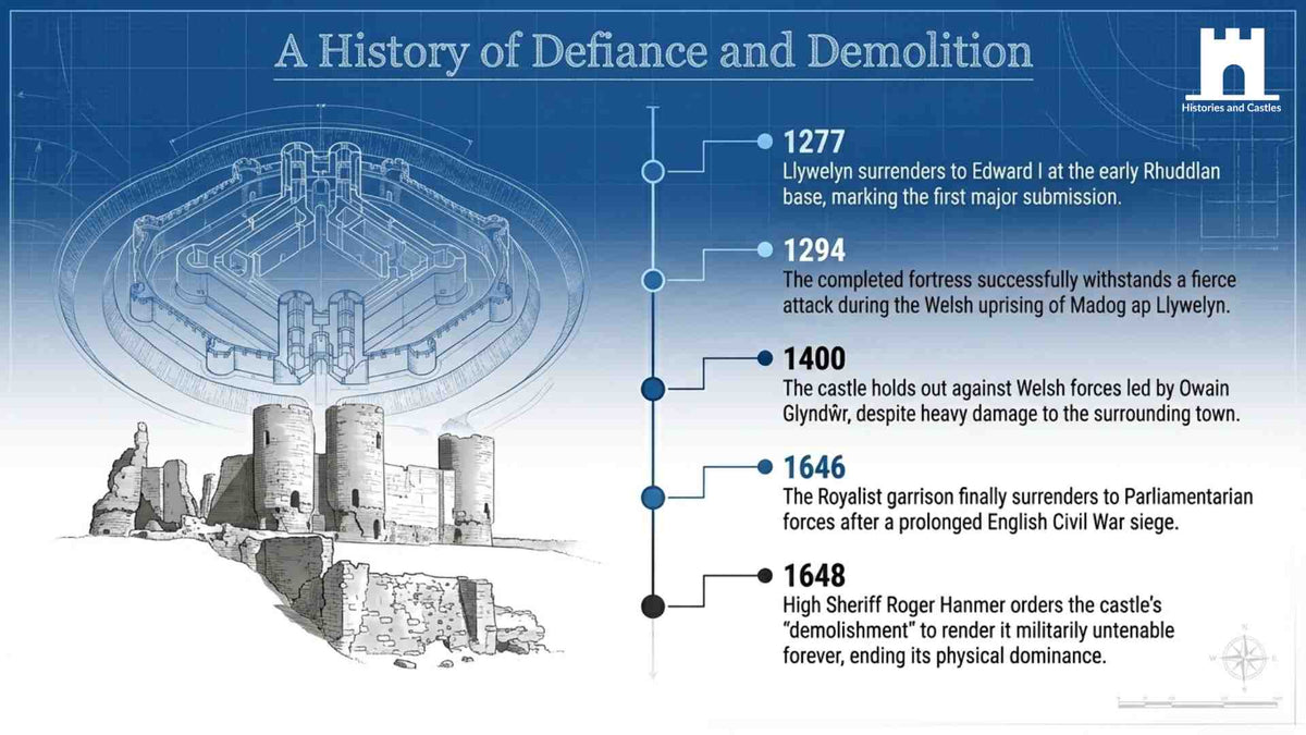 Illustrated timeline of Rhuddlan Castle from 795 to 1648