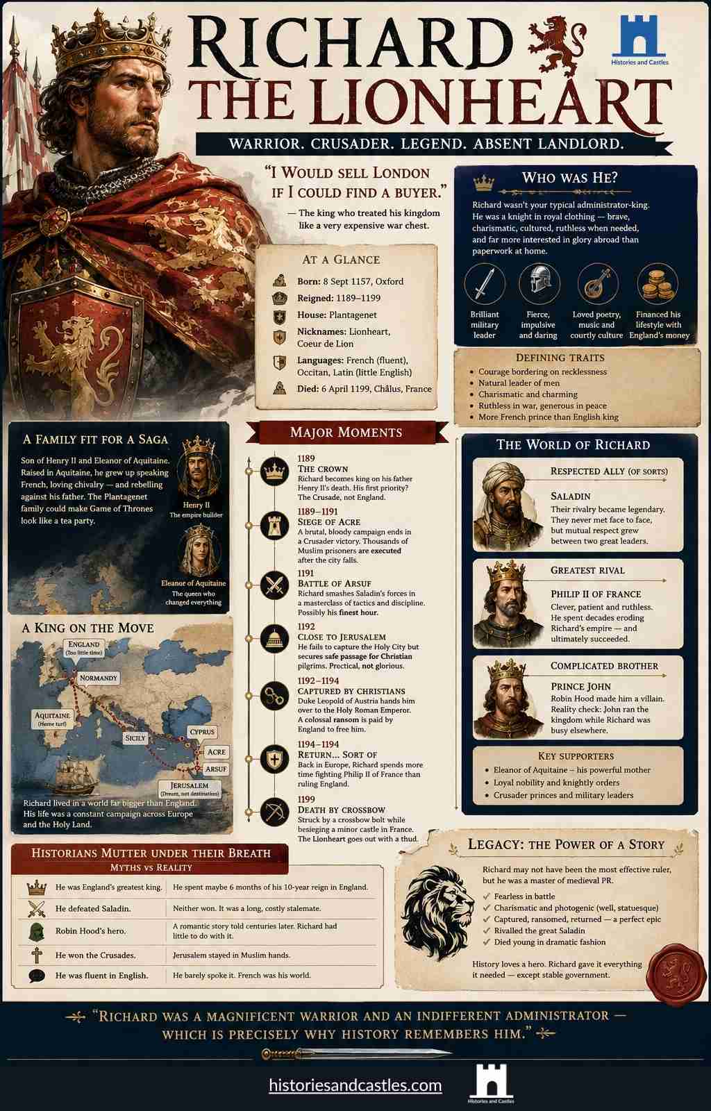 Infographic about Richard the Lionheart with historical details and images.