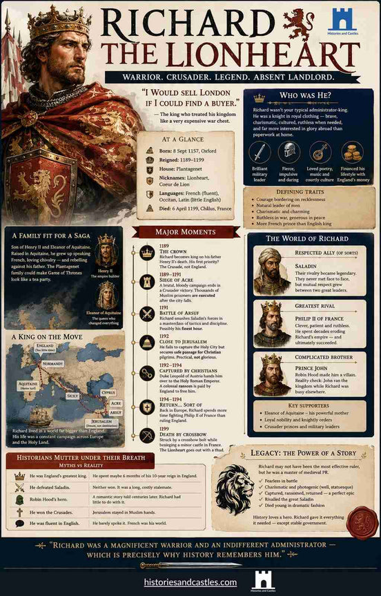 Infographic about Richard the Lionheart with historical details and images.