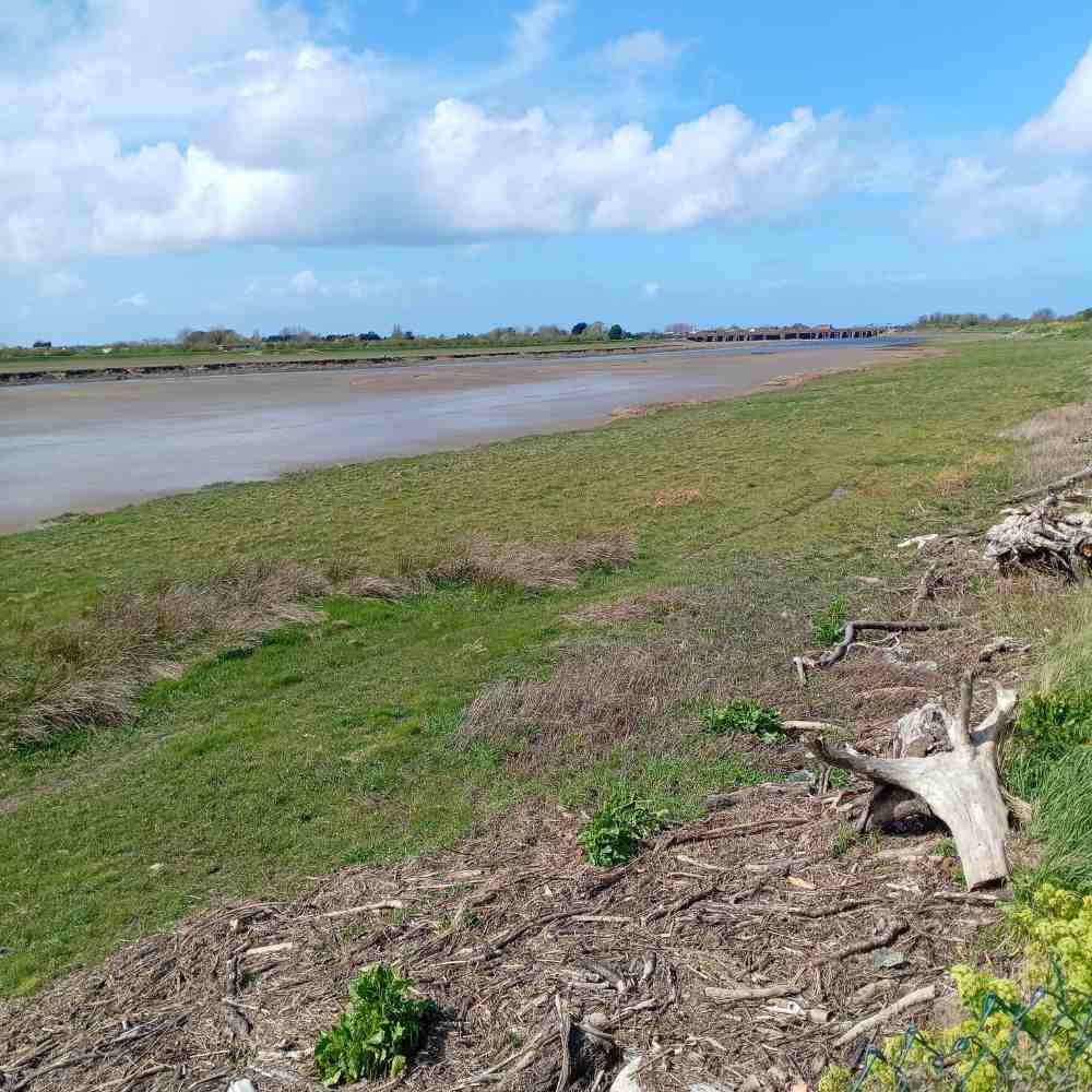 The straight course of the River Clwyd near Rhuddlan under a blue sky