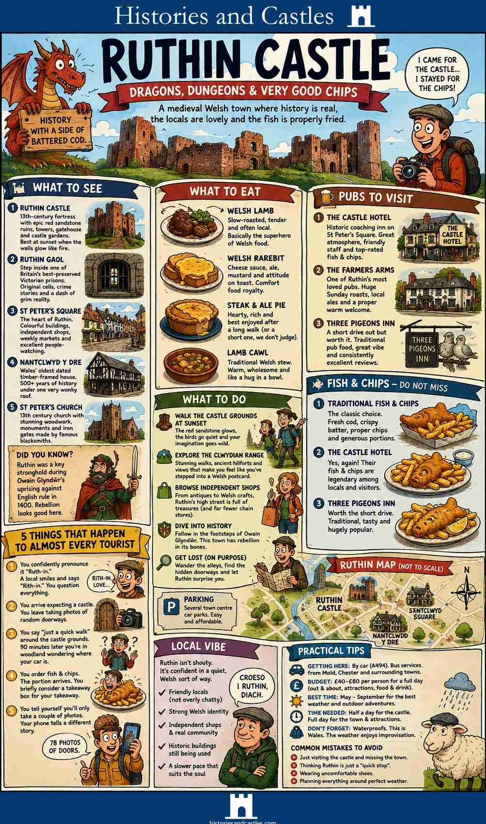 Informational poster about Ruthin Castle with various activities and attractions listed.