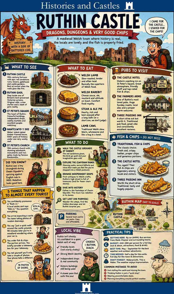 Informational poster about Ruthin Castle with various activities and attractions listed.