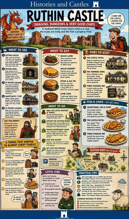 Informational poster about Ruthin Castle with various activities and attractions listed.