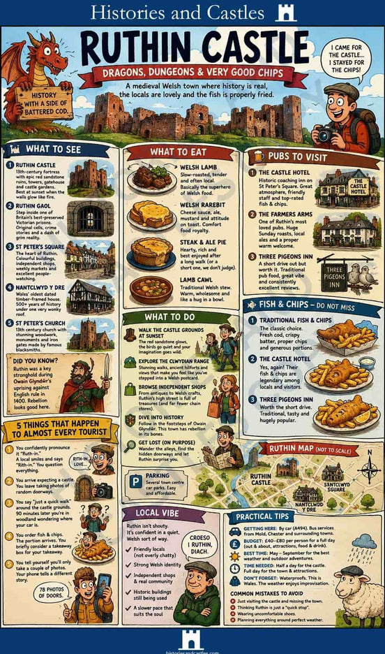 Informational poster about Ruthin Castle with various activities and attractions listed.