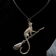 Silver Cat on a Broomstick Necklace | Witchy Feline Pendant & Gothic Jewellery Necklace