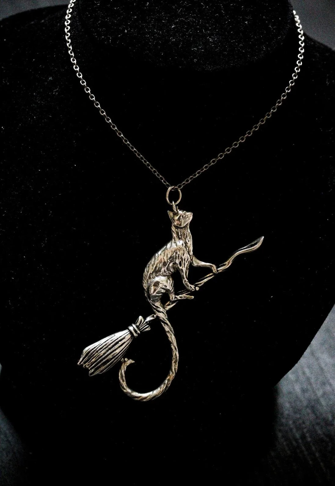 Silver Cat on a Broomstick Necklace | Witchy Feline Pendant & Gothic Jewellery Necklace