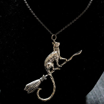 Silver Cat on a Broomstick Necklace | Witchy Feline Pendant & Gothic Jewellery Necklace