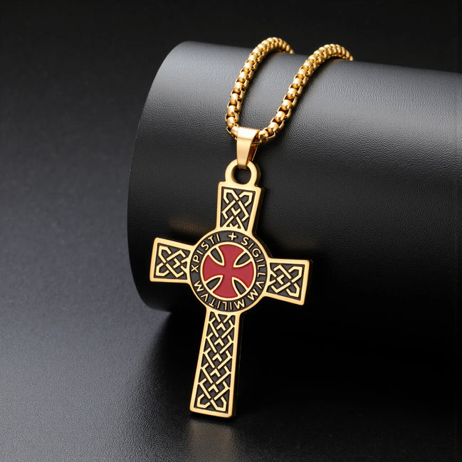 Knights Templar Sigillum Seal Cross Pendant Gold Color Necklace
