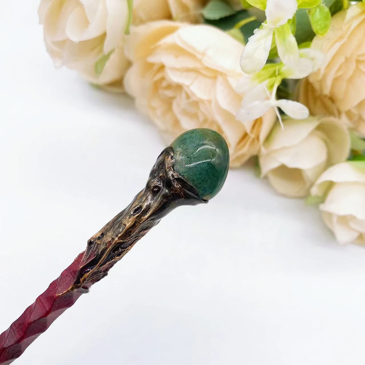 Natural Crystal Healing Wand – 19cm Polished Quartz Point Moss Agate Wand Moss Agate