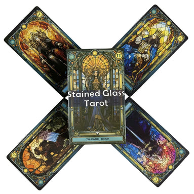 Stained glass tarot deck, 78 cards with bold colour contrast and segmented stained glass artwork, Major and Minor Arcana