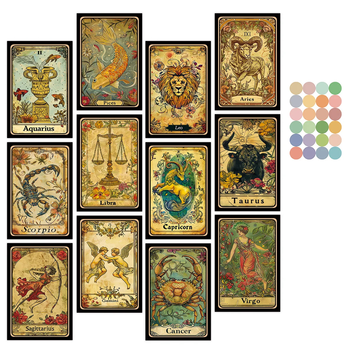 Vintage Zodiac Postcard Set: 12-Piece Antique Astrology Collection 12pcs Tarot Cards 12pcs