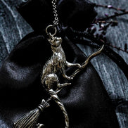 Silver Cat on a Broomstick Necklace | Witchy Feline Pendant & Gothic Jewellery Necklace