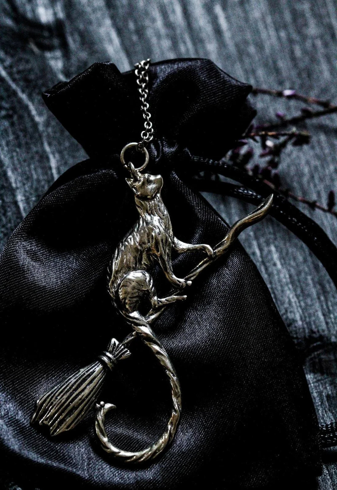 Silver Cat on a Broomstick Necklace | Witchy Feline Pendant & Gothic Jewellery Necklace