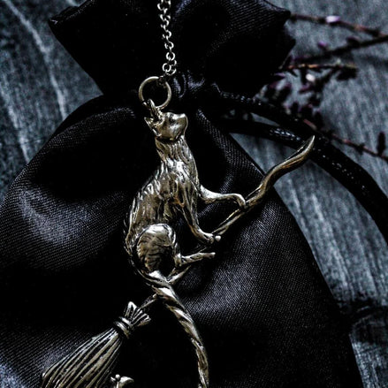 Silver Cat on a Broomstick Necklace | Witchy Feline Pendant & Gothic Jewellery Necklace