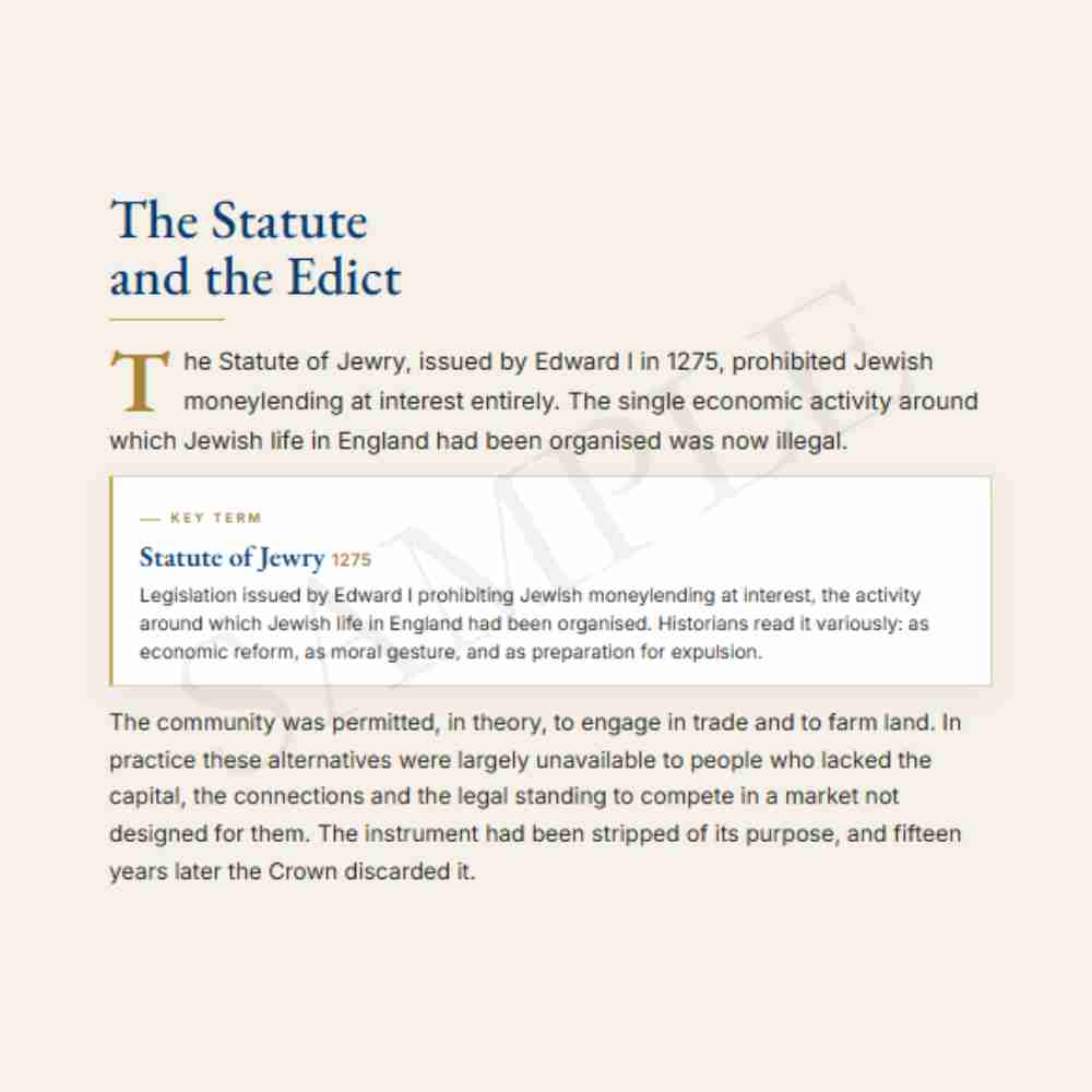 Text on a white background about the Statute of Jewry and its impact on Jewish life in England.