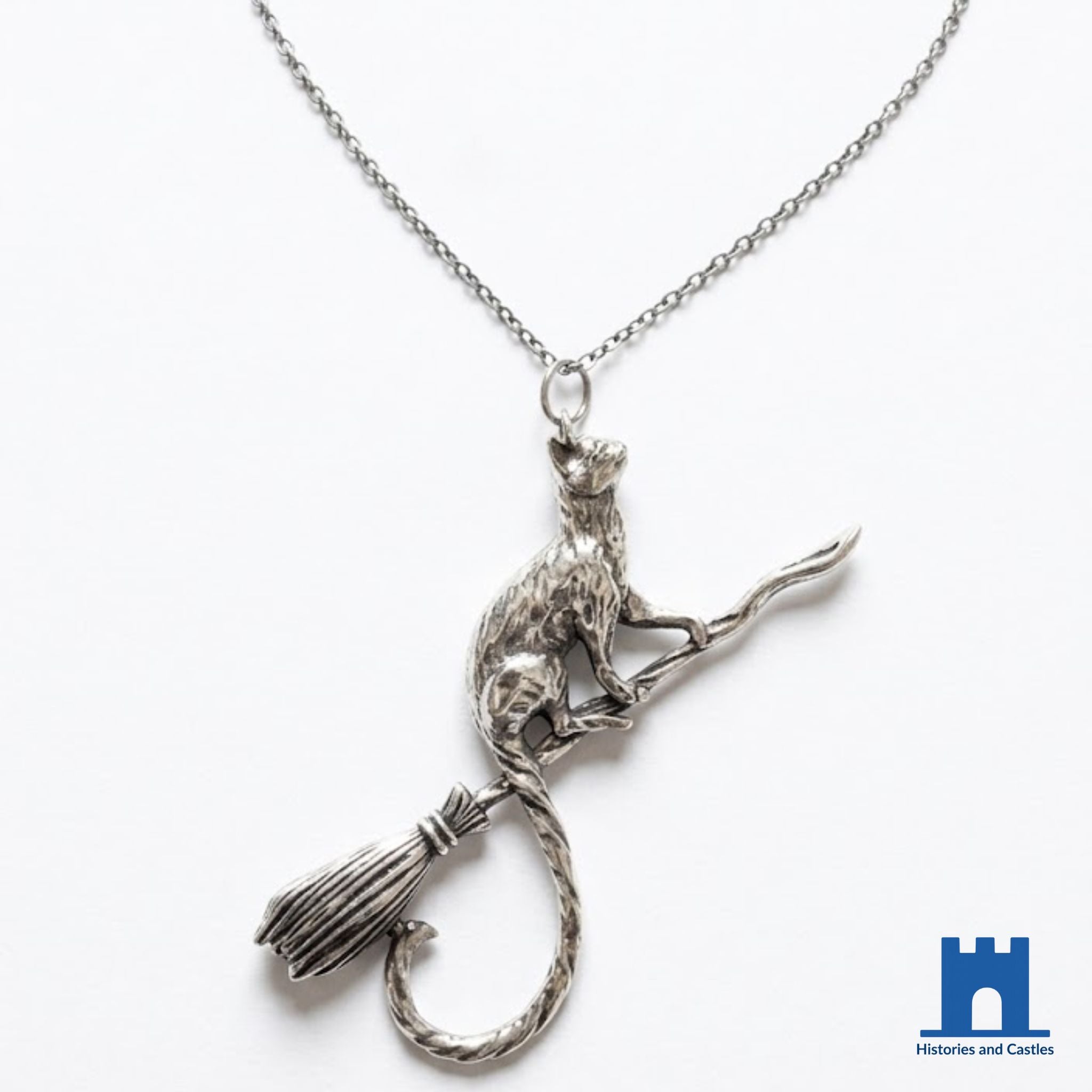 Silver Cat on a Broomstick Necklace | Witchy Feline Pendant & Gothic Jewellery Jewellery