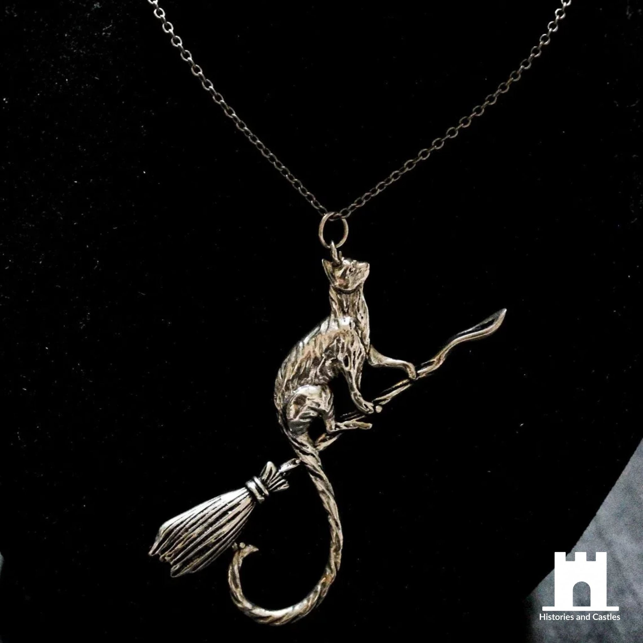 Silver Cat on a Broomstick Necklace | Witchy Feline Pendant & Gothic Jewellery Jewellery