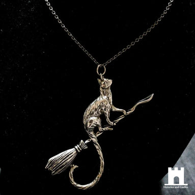 Silver Cat on a Broomstick Necklace | Witchy Feline Pendant & Gothic Jewellery Jewellery