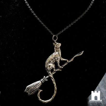 Silver Cat on a Broomstick Necklace | Witchy Feline Pendant & Gothic Jewellery Jewellery