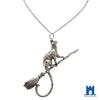 Silver Cat on a Broomstick Necklace | Witchy Feline Pendant & Gothic Jewellery Jewellery