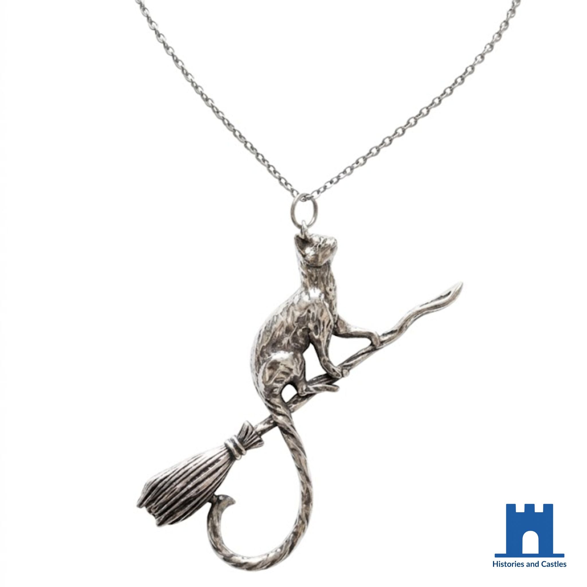 Silver Cat on a Broomstick Necklace | Witchy Feline Pendant & Gothic Jewellery Jewellery