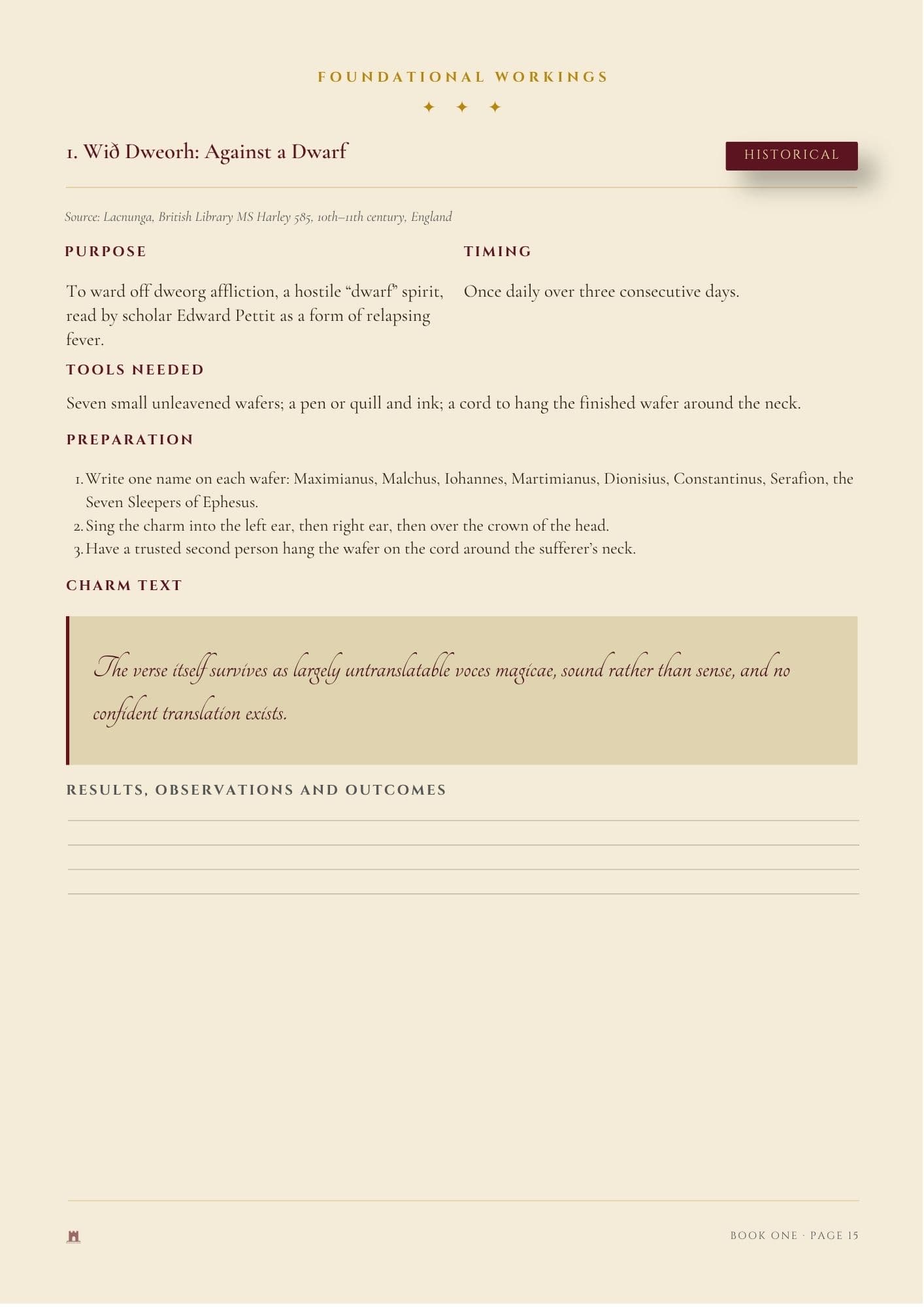 A page from a book titled 'Foundational Workings'  A Spell Against A Dwarf
