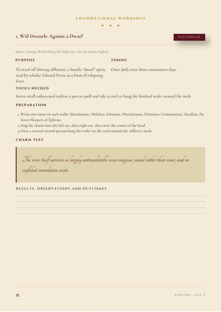 A page from a book titled 'Foundational Workings'  A Spell Against A Dwarf