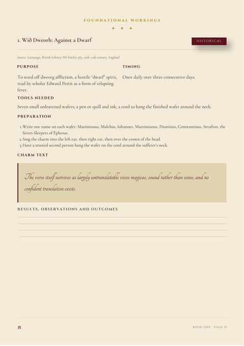 A page from a book titled 'Foundational Workings'  A Spell Against A Dwarf